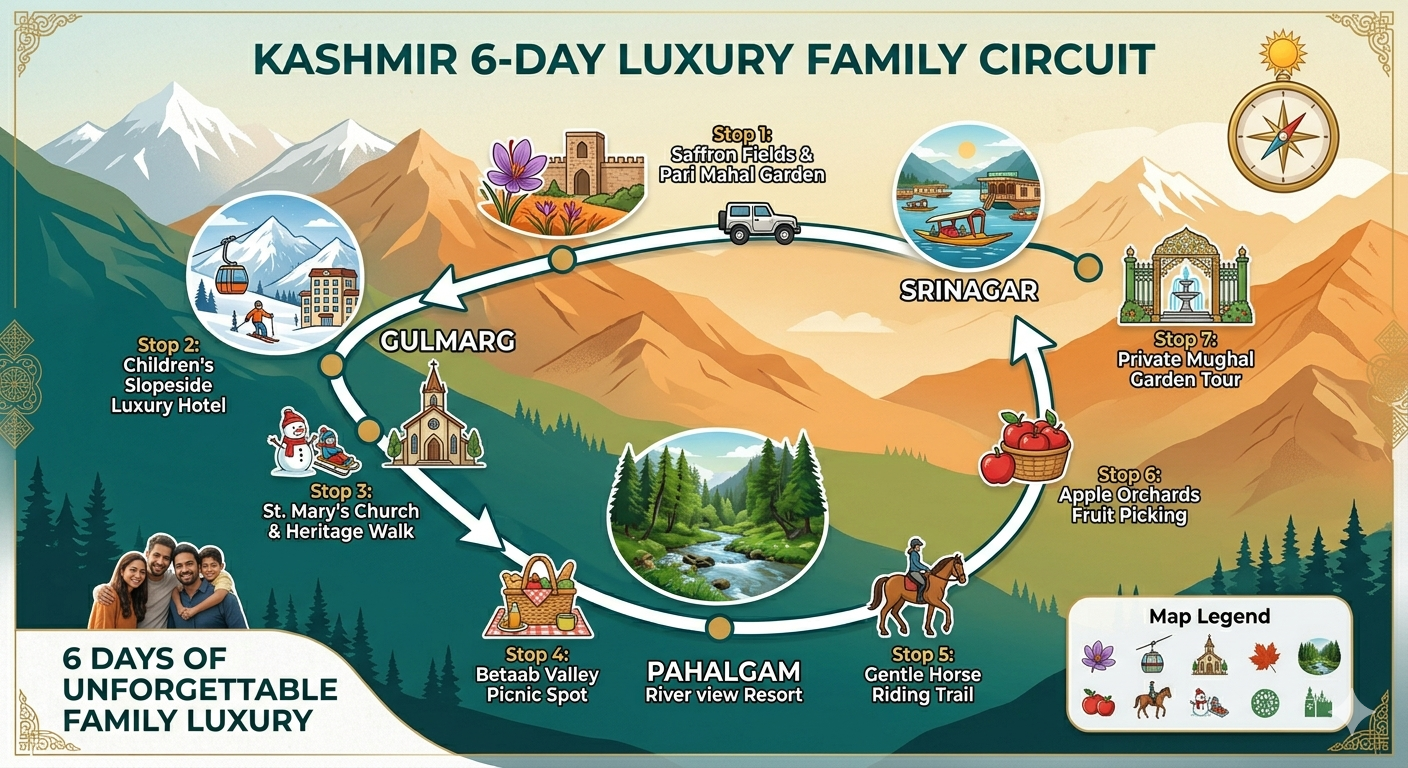 Kashmir luxury family package - 6-day family route map from Srinagar to Gulmarg to Pahalgam