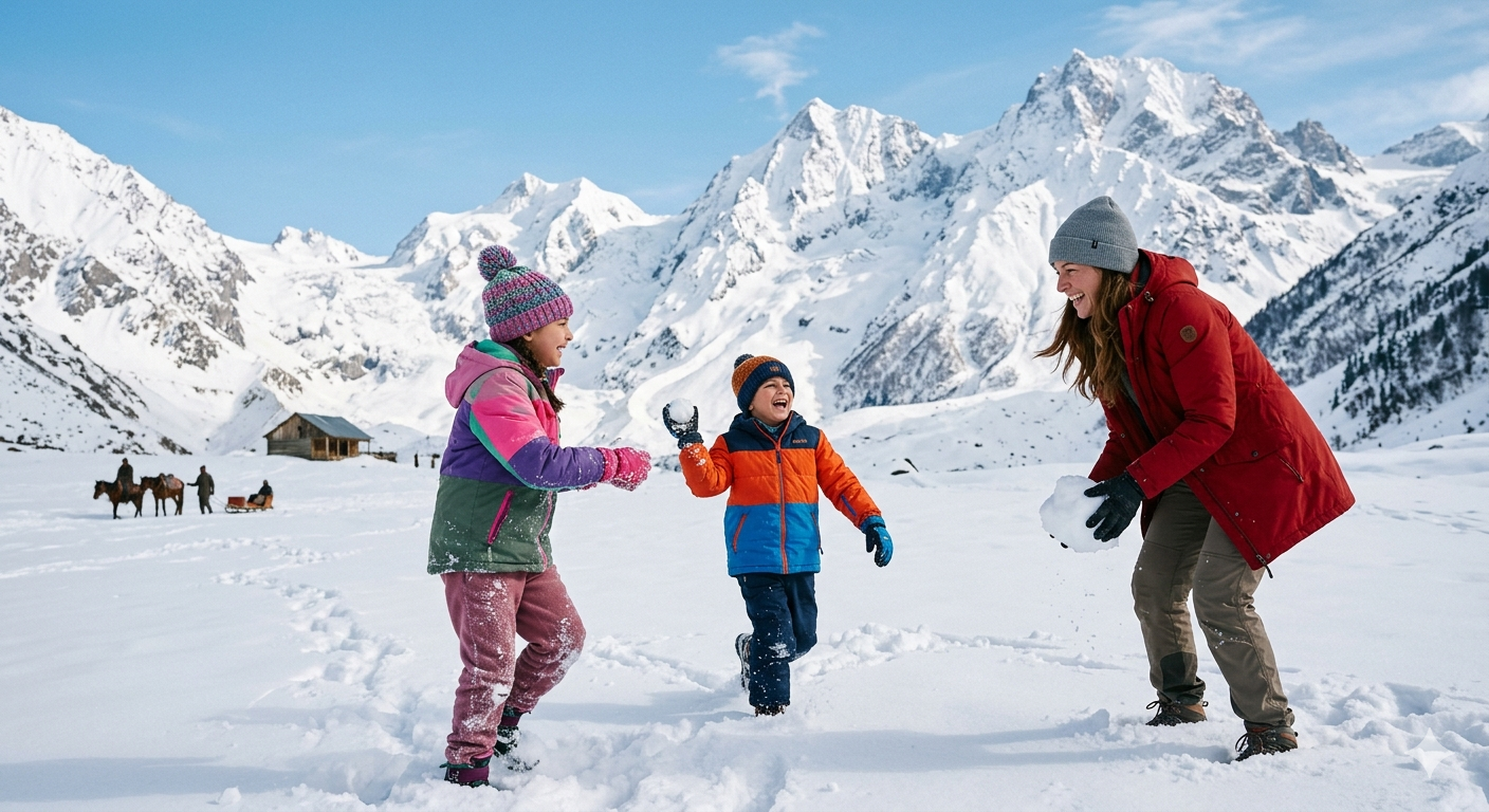 Kashmir luxury family package - children playing in snow at Thajiwas Glacier Sonamarg