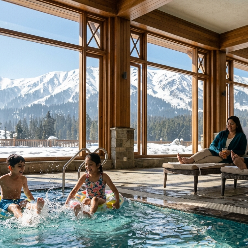 Kashmir luxury family package family enjoying indoor heated pool at Khyber Himalayan Resort Gulmarg