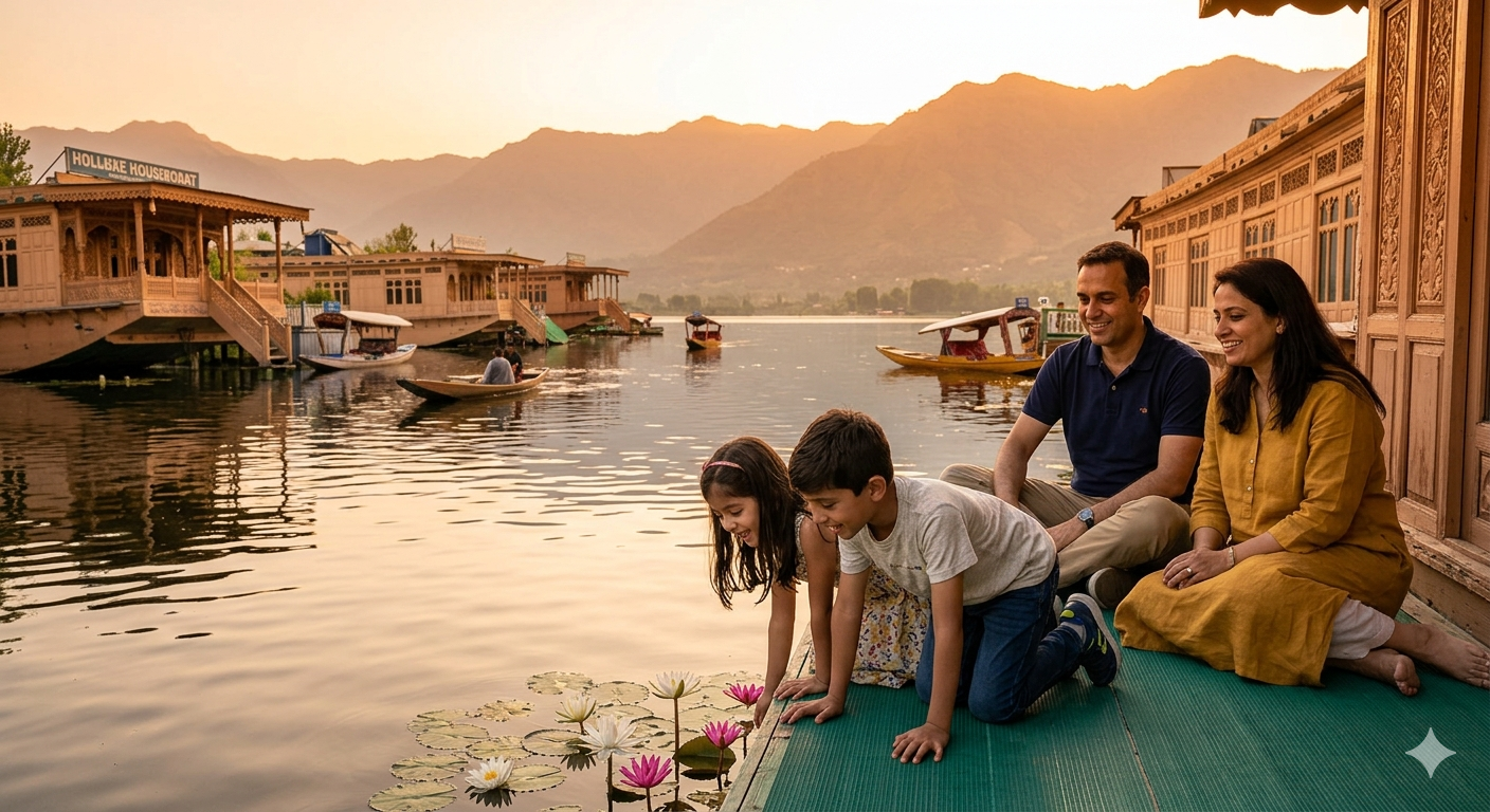 Kashmir luxury family package - family of four on deluxe houseboat at Dal Lake sunset