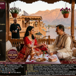 Kashmir luxury honeymoon package 2026 - couple in wedding attire on super-deluxe houseboat at Dal Lake sunset, candlelight dinner with copper samovar, kahwa, red roses, heart-shaped cake, butler in background, Zabarwan mountains, romantic Kashmir honeymoon 5 nights6 days ₹28,999-45,998 per couple, premium honeymoon 6 nights7 days ₹89,999, ultimate luxury honeymoon 8 nights9 days ₹1,20,000+, romantic with Sonamarg ₹65,000, includes super-deluxe houseboat, 4-5 star hotels, private SUV, shikara ride, candlelight dinner, cake, decoration, breakfast, dinner, airport transfers