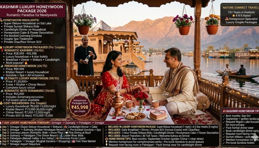 Kashmir luxury honeymoon package 2026 - couple in wedding attire on super-deluxe houseboat at Dal Lake sunset, candlelight dinner with copper samovar, kahwa, red roses, heart-shaped cake, butler in background, Zabarwan mountains, romantic Kashmir honeymoon 5 nights6 days ₹28,999-45,998 per couple, premium honeymoon 6 nights7 days ₹89,999, ultimate luxury honeymoon 8 nights9 days ₹1,20,000+, romantic with Sonamarg ₹65,000, includes super-deluxe houseboat, 4-5 star hotels, private SUV, shikara ride, candlelight dinner, cake, decoration, breakfast, dinner, airport transfers