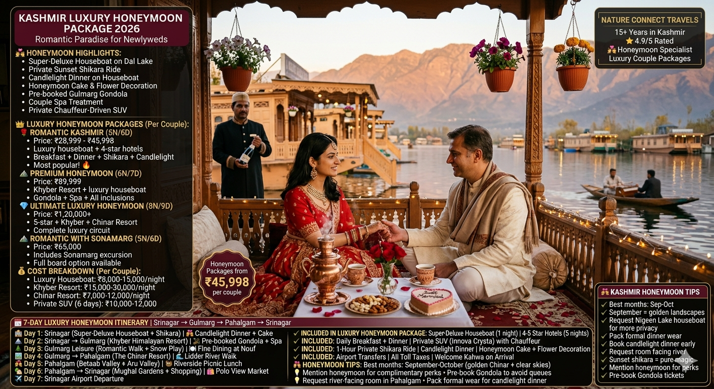 Kashmir luxury honeymoon package 2026 - couple in wedding attire on super-deluxe houseboat at Dal Lake sunset, candlelight dinner with copper samovar, kahwa, red roses, heart-shaped cake, butler in background, Zabarwan mountains, romantic Kashmir honeymoon 5 nights6 days ₹28,999-45,998 per couple, premium honeymoon 6 nights7 days ₹89,999, ultimate luxury honeymoon 8 nights9 days ₹1,20,000+, romantic with Sonamarg ₹65,000, includes super-deluxe houseboat, 4-5 star hotels, private SUV, shikara ride, candlelight dinner, cake, decoration, breakfast, dinner, airport transfers