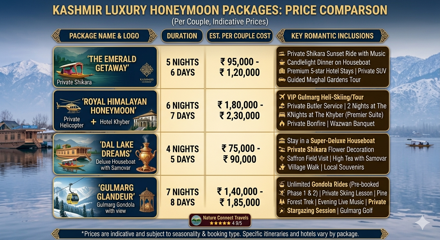 Kashmir luxury honeymoon package 2026 - price comparison chart with package options and per couple costs