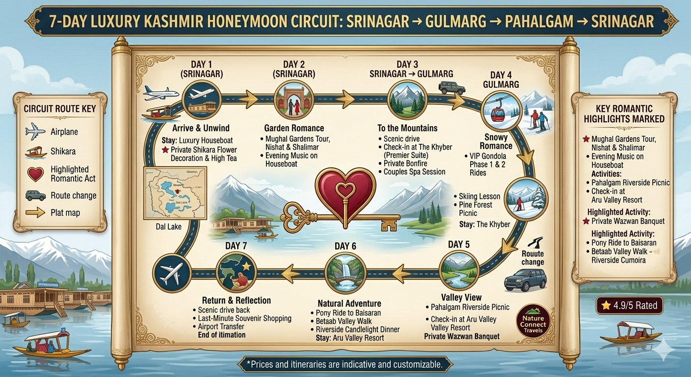 Kashmir luxury honeymoon package - 7-day premium honeymoon route map from Srinagar to Gulmarg to Pahalgam