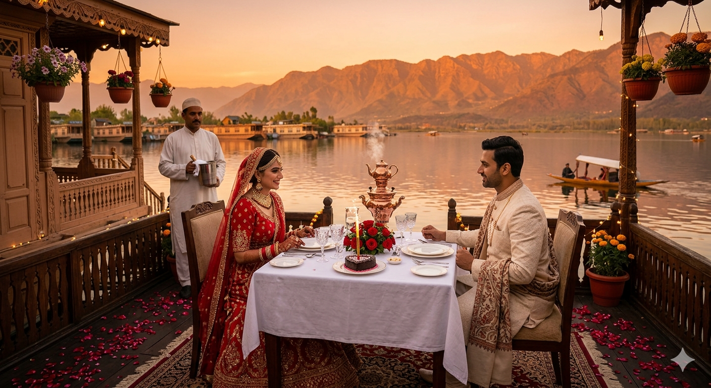 Kashmir luxury honeymoon package - couple on super-deluxe houseboat at Dal Lake sunset with fine dining