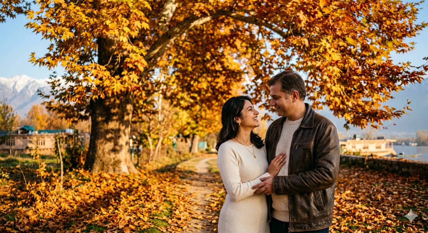  Kashmir luxury honeymoon package - couple under golden Chinar tree in autumn