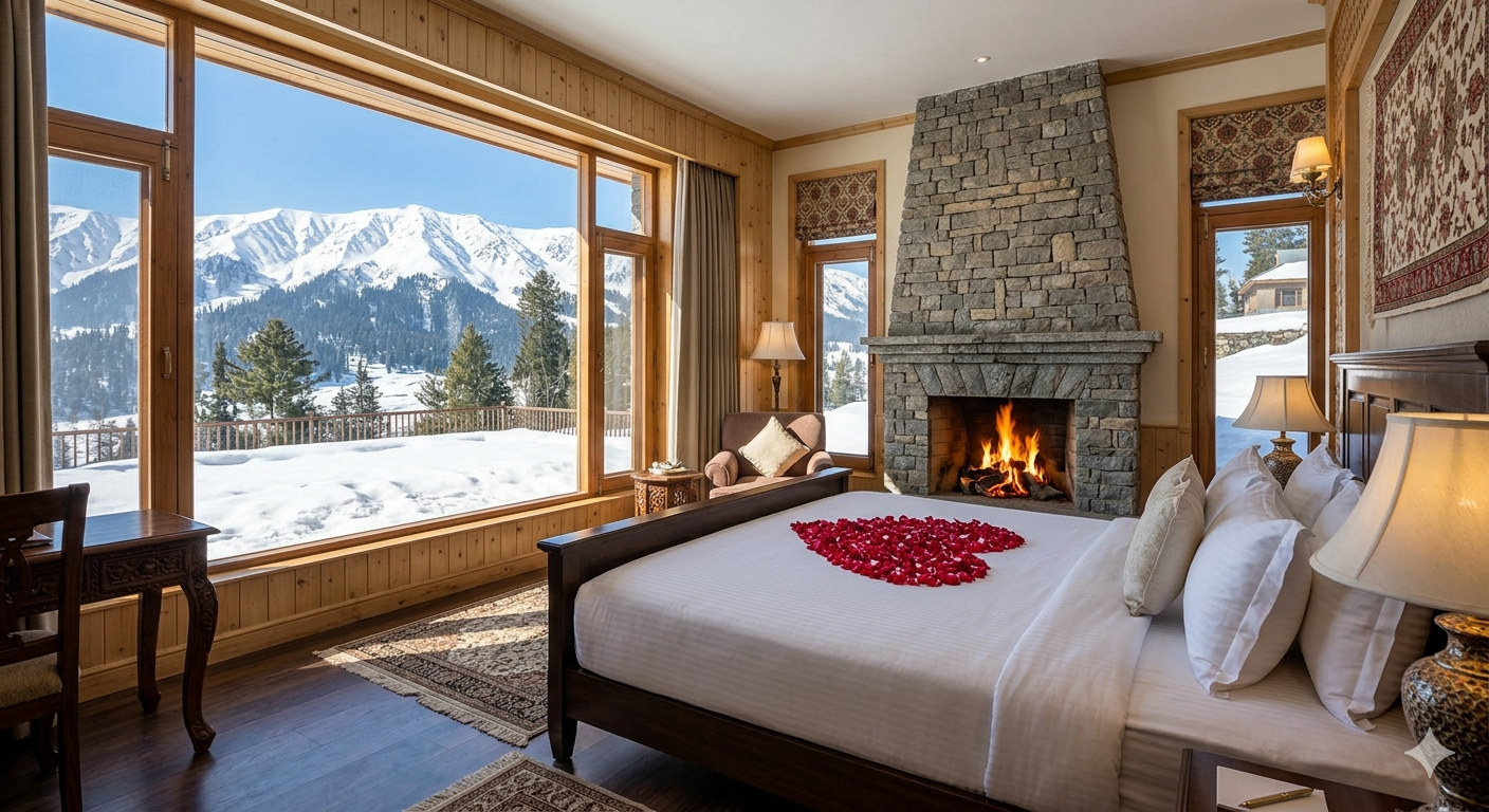 Kashmir luxury honeymoon package - honeymoon suite at Khyber Himalayan Resort Gulmarg with rose petal decoration