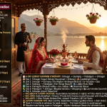 Kashmir luxury packages tourism 2026 - couple in wedding attire on super-deluxe houseboat at Dal Lake sunset, candlelit dinner with copper samovar, heart-shaped cake, red roses, butler in traditional attire, Zabarwan mountains, 6-day luxury holiday ₹38,000 per person, Kashmir grandeur custom quote, blissful Kashmir premium custom quote, scenic Kashmir premium 4 days custom quote, Kashmir blissful journey 7 days custom quote, luxury 3 nights ₹28,000-55,000+, luxury 5 nights ₹45,000-90,000+, includes super-deluxe houseboat, 4-5 star hotels, private SUV with chauffeur, shikara ride, breakfast, dinner, airport transfers
