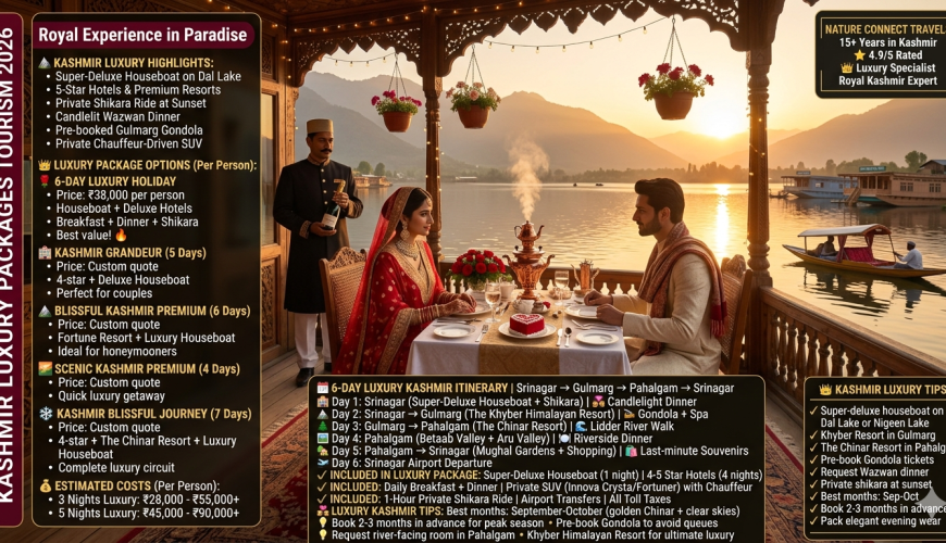 Kashmir luxury packages tourism 2026 - couple in wedding attire on super-deluxe houseboat at Dal Lake sunset, candlelit dinner with copper samovar, heart-shaped cake, red roses, butler in traditional attire, Zabarwan mountains, 6-day luxury holiday ₹38,000 per person, Kashmir grandeur custom quote, blissful Kashmir premium custom quote, scenic Kashmir premium 4 days custom quote, Kashmir blissful journey 7 days custom quote, luxury 3 nights ₹28,000-55,000+, luxury 5 nights ₹45,000-90,000+, includes super-deluxe houseboat, 4-5 star hotels, private SUV with chauffeur, shikara ride, breakfast, dinner, airport transfers