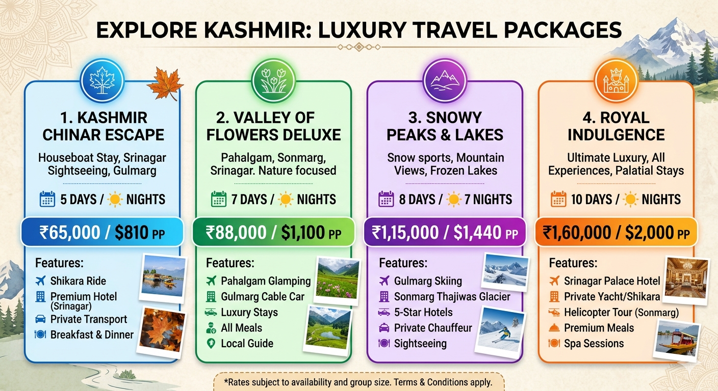 Kashmir luxury packages tourism 2026 - price comparison chart with package options and per person costs