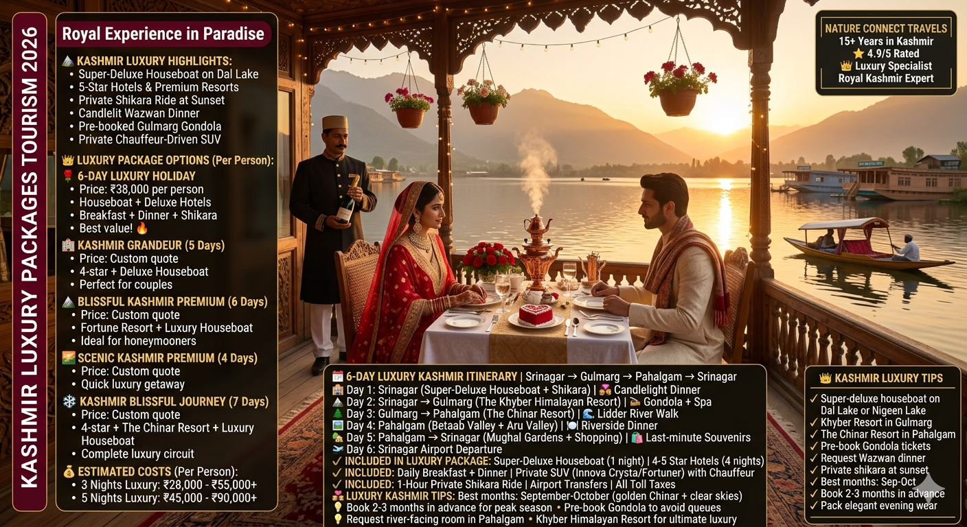 Kashmir luxury packages tourism 2026 - couple in wedding attire on super-deluxe houseboat at Dal Lake sunset, candlelit dinner with copper samovar, heart-shaped cake, red roses, butler in traditional attire, Zabarwan mountains, 6-day luxury holiday ₹38,000 per person, Kashmir grandeur custom quote, blissful Kashmir premium custom quote, scenic Kashmir premium 4 days custom quote, Kashmir blissful journey 7 days custom quote, luxury 3 nights ₹28,000-55,000+, luxury 5 nights ₹45,000-90,000+, includes super-deluxe houseboat, 4-5 star hotels, private SUV with chauffeur, shikara ride, breakfast, dinner, airport transfers