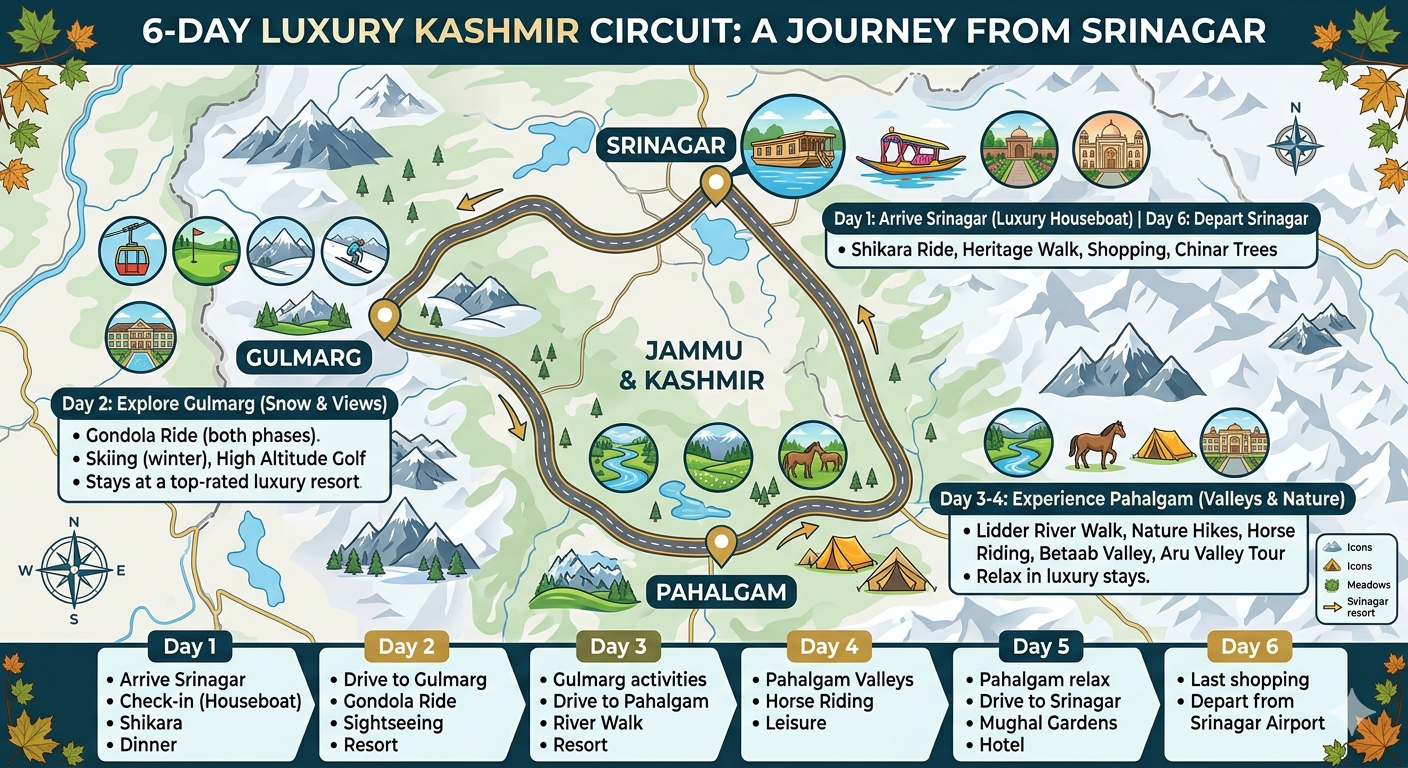Kashmir luxury packages tourism - 6-day premium route map from Srinagar to Gulmarg to Pahalgam