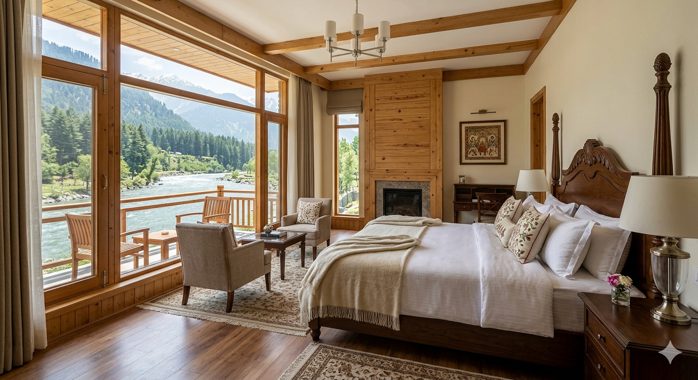 Kashmir luxury packages tourism - premium room at The Chinar Resort Pahalgam with river view
