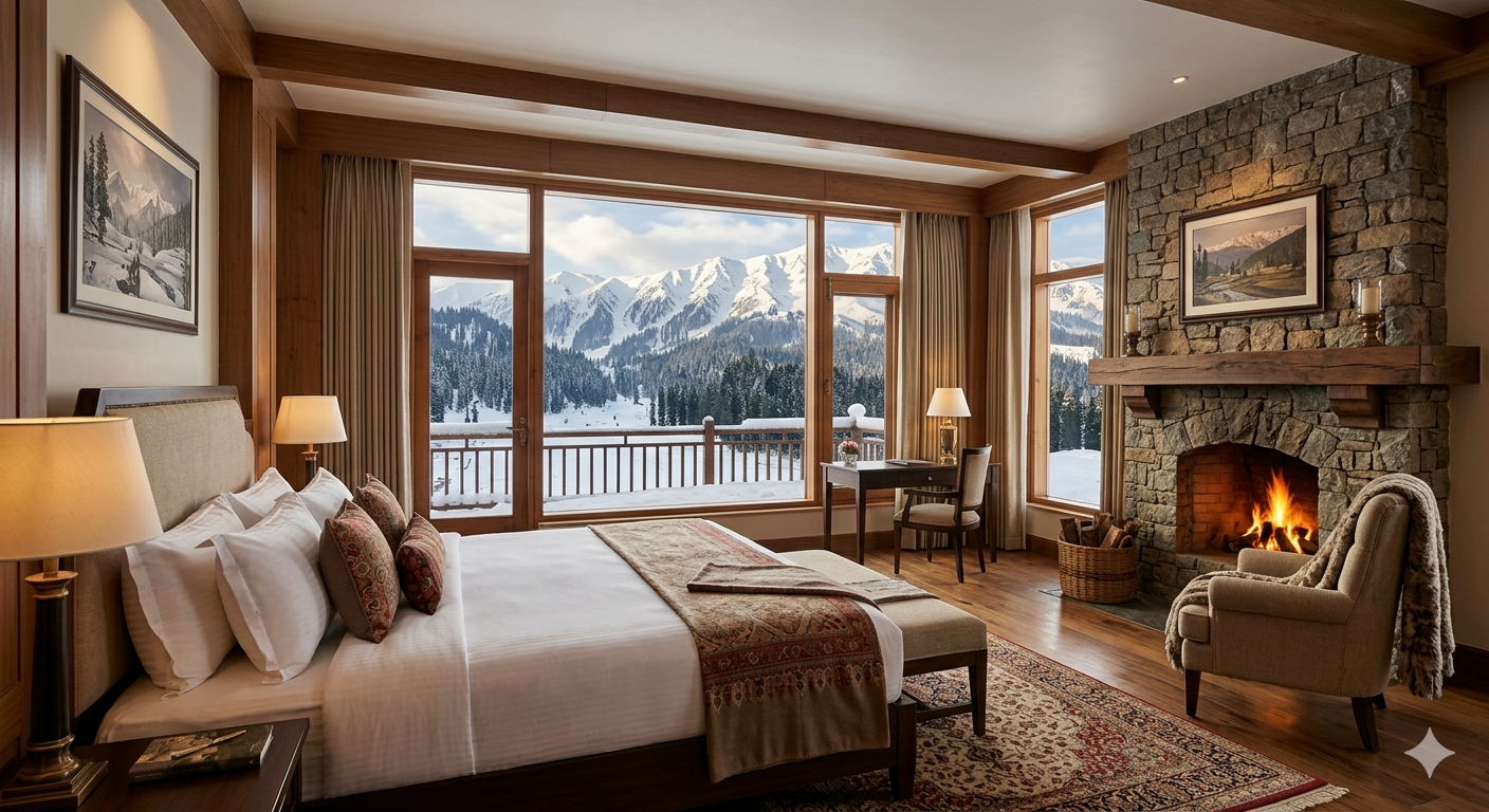 Kashmir luxury packages tourism - premium suite at Khyber Himalayan Resort Gulmarg with mountain views