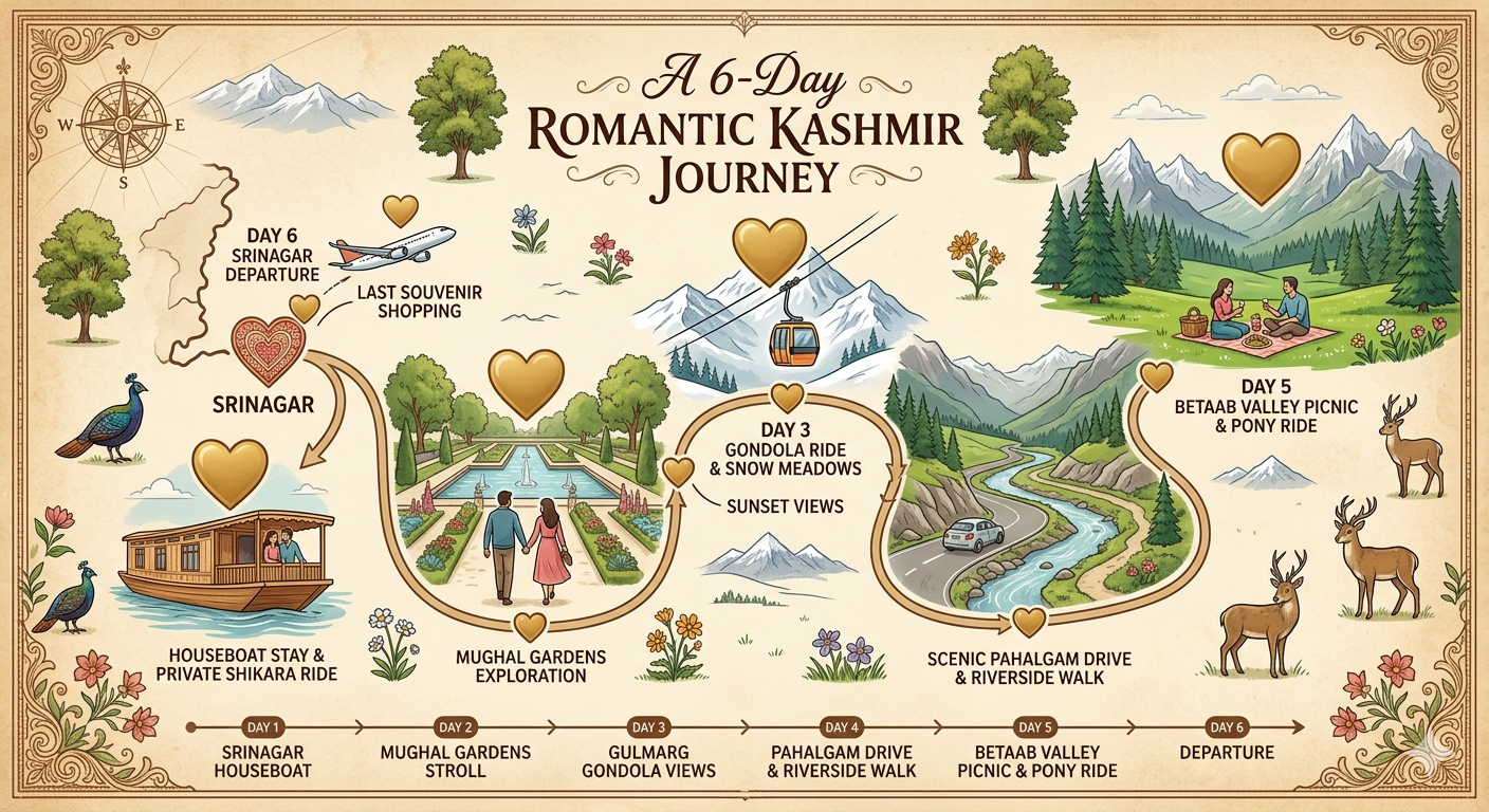  Kashmir packages for couple from Delhi 2026 - 6 day romantic itinerary map Srinagar Gulmarg Pahalgam