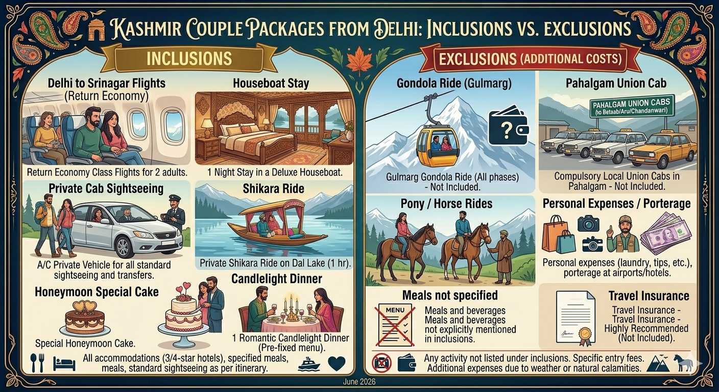Kashmir packages for couple from Delhi 2026 - inclusions vs exclusions infographic