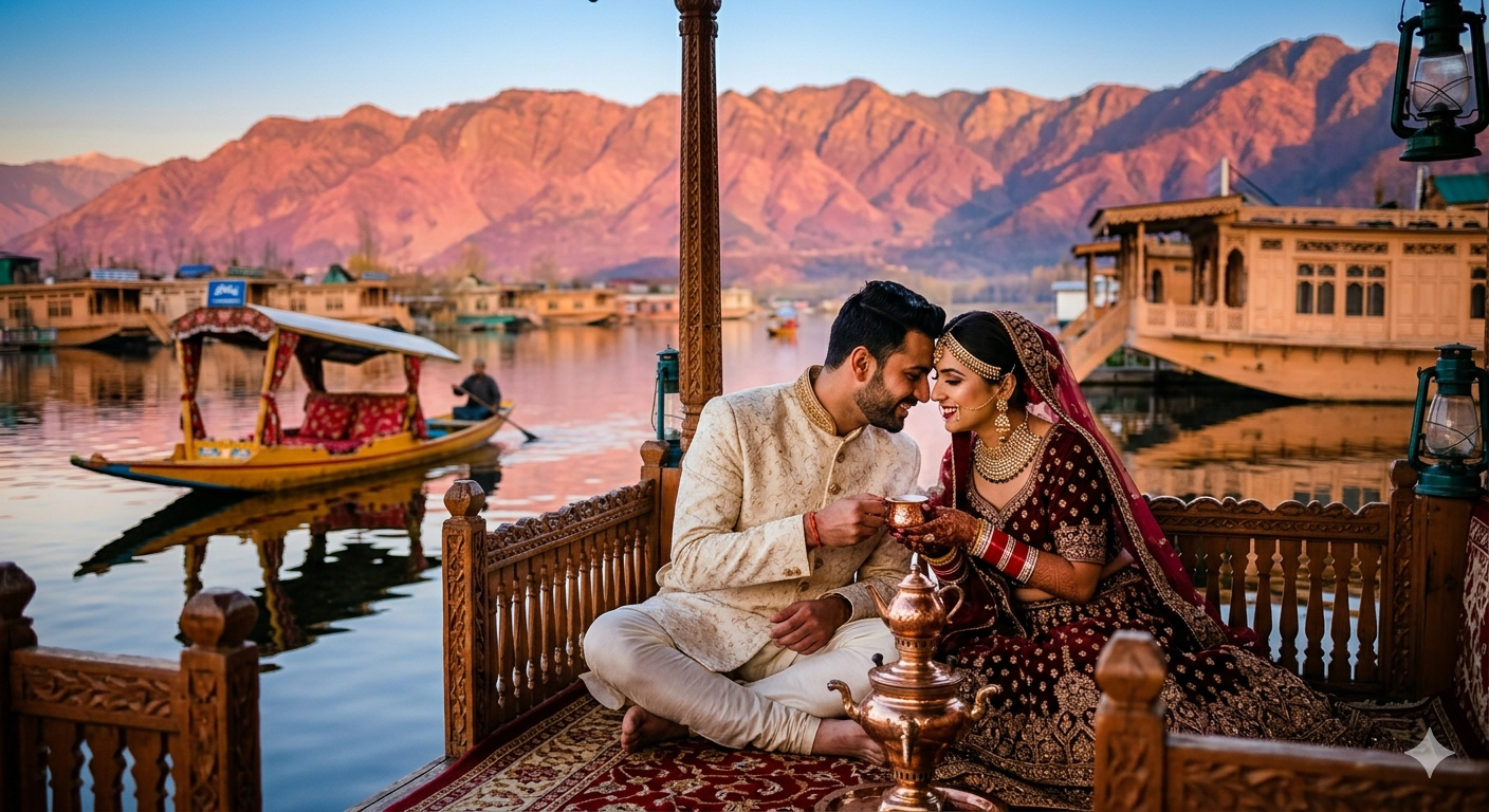 Kashmir packages for couple from Delhi 2026 - newlywed couple on houseboat deck at Dal Lake golden hour