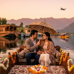 Kashmir packages for couple from Delhi 2026 - newlywed couple on private shikara at Dal Lake golden hour with houseboat and airplane silhouette