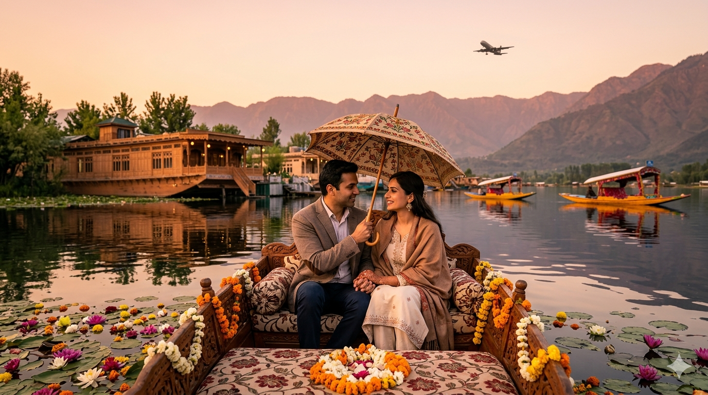 Kashmir packages for couple from Delhi 2026 - newlywed couple on private shikara at Dal Lake golden hour with houseboat and airplane silhouette