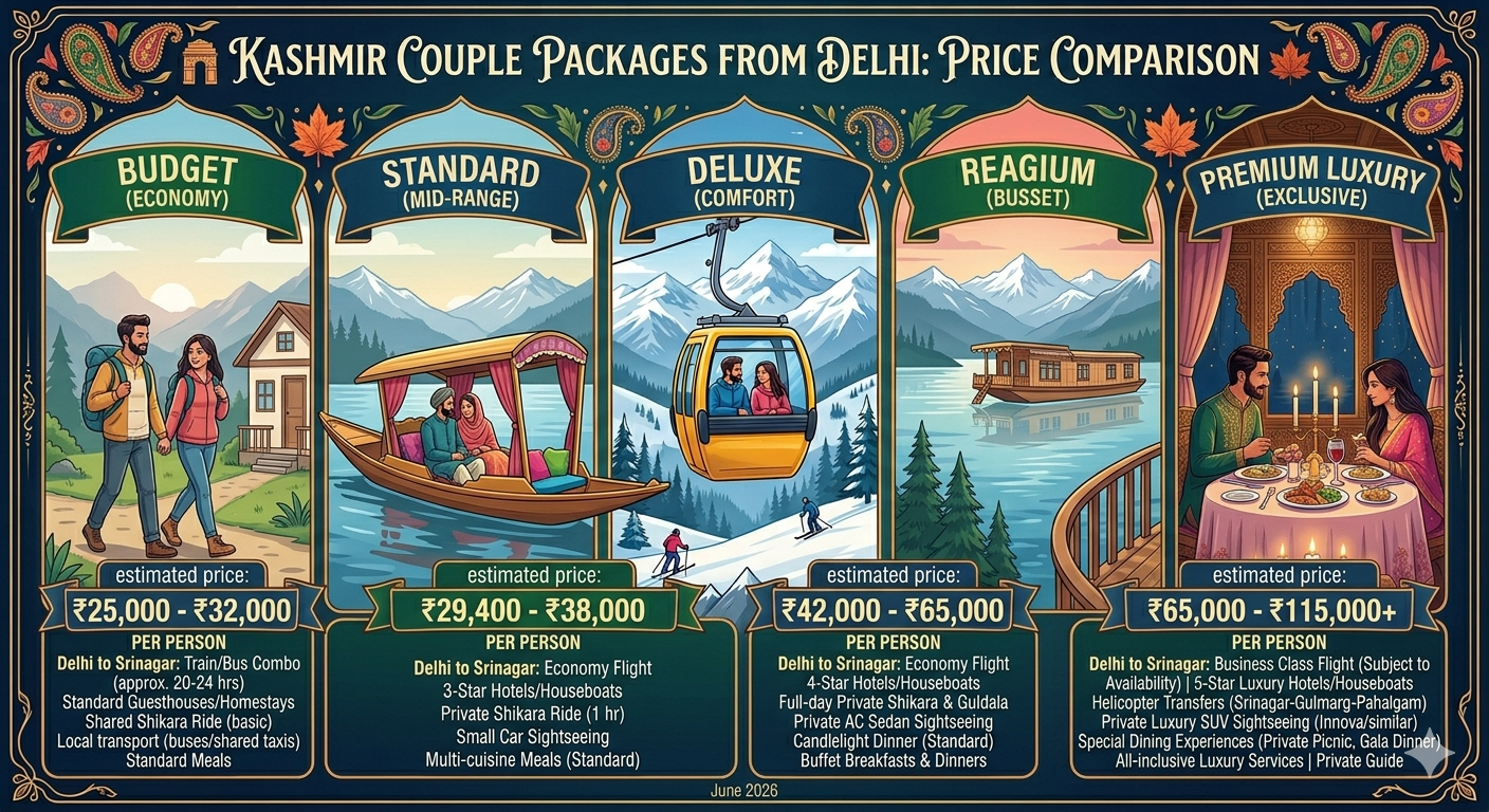 Kashmir packages for couple from Delhi 2026 - pricing comparison infographic by package tier