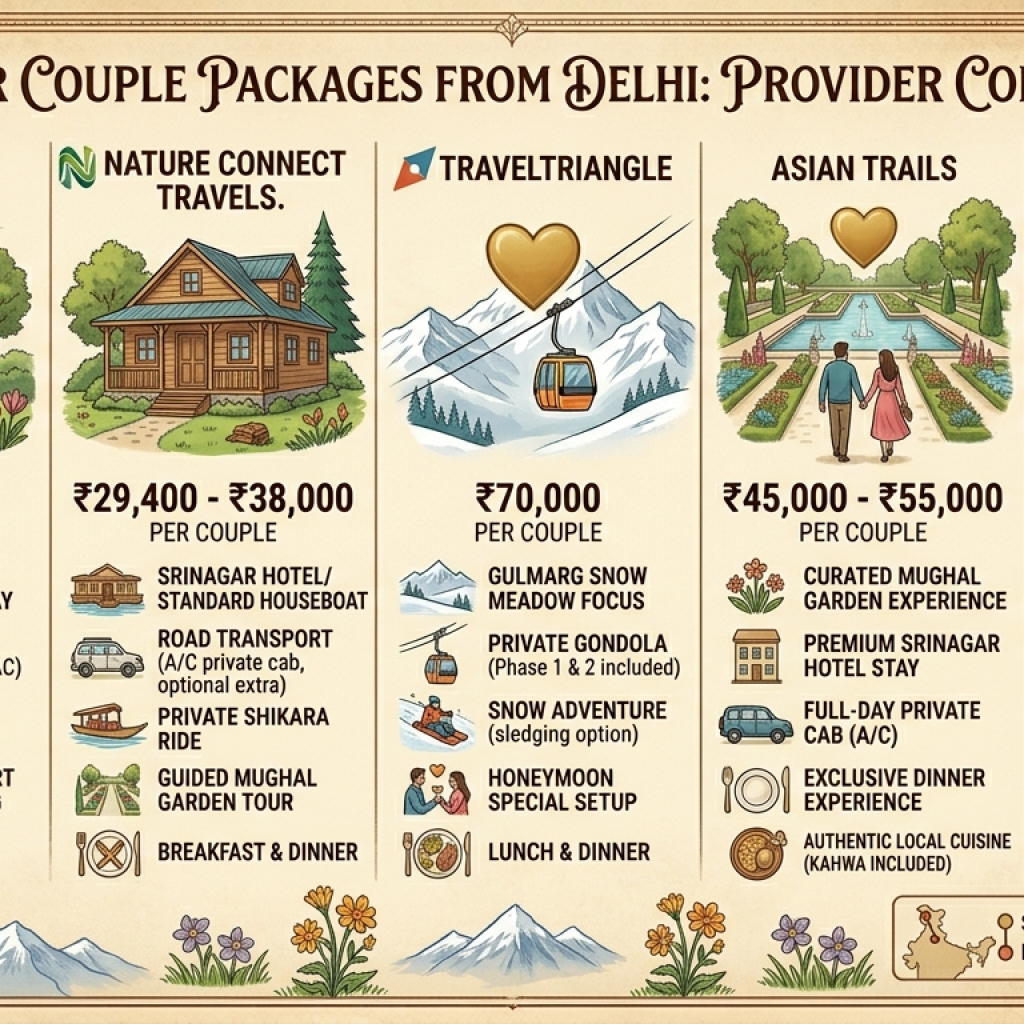 Kashmir packages for couple from Delhi 2026 provider comparison infographic with prices