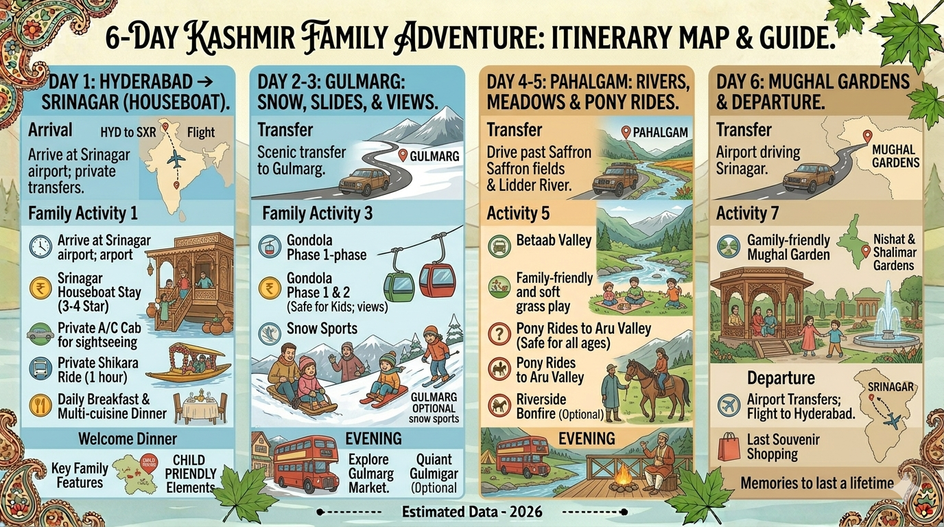 Kashmir Packages from Hyderabad for Family 2026 | ₹28,000 | Book Now 15 Kashmir packages from Hyderabad for family 2026 - 6 day family itinerary map Hyderabad to Srinagar to Gulmarg to Pahalgam