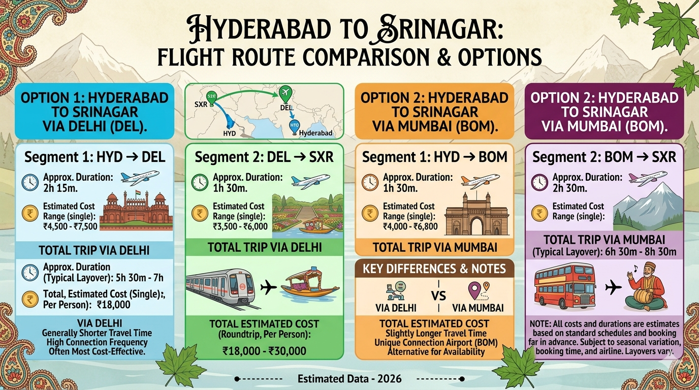 Kashmir Packages from Hyderabad for Family 2026 | ₹28,000 | Book Now 12 Kashmir packages from Hyderabad for family 2026 - Hyderabad to Srinagar flight options infographic