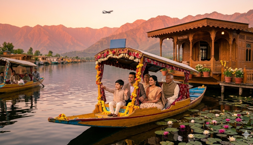 Kashmir packages from Hyderabad for family 2026 - happy multi-generational family on Shikara at Dal Lake golden hour with houseboat and airplane silhouette