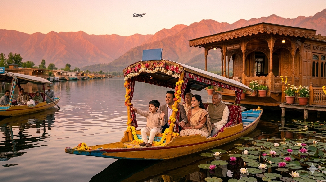 Kashmir packages from Hyderabad for family 2026 - happy multi-generational family on Shikara at Dal Lake golden hour with houseboat and airplane silhouette