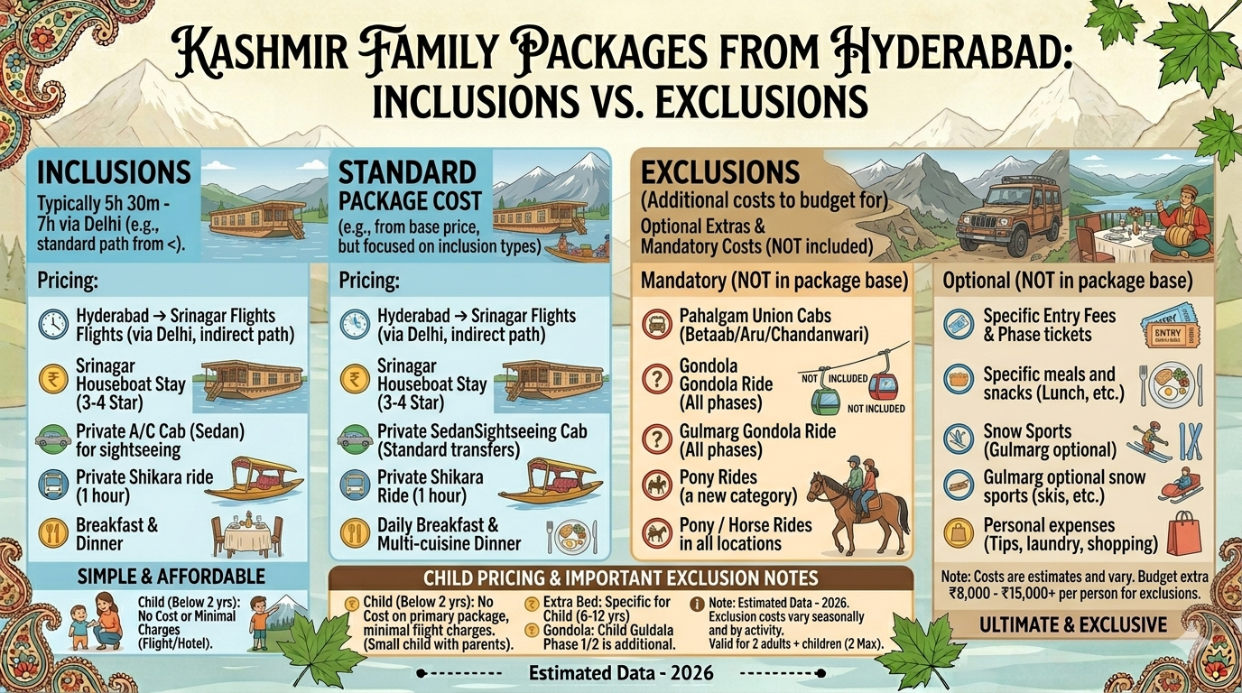 Kashmir Packages from Hyderabad for Family 2026 | ₹28,000 | Book Now 14 Kashmir packages from Hyderabad for family 2026 - inclusions vs exclusions infographic