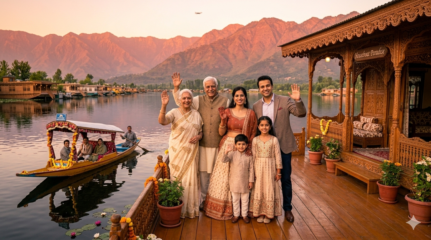 Kashmir Packages from Hyderabad for Family 2026 | ₹28,000 | Book Now 10 Kashmir packages from Hyderabad for family 2026 - multi-generational family on houseboat deck at Dal Lake golden hour