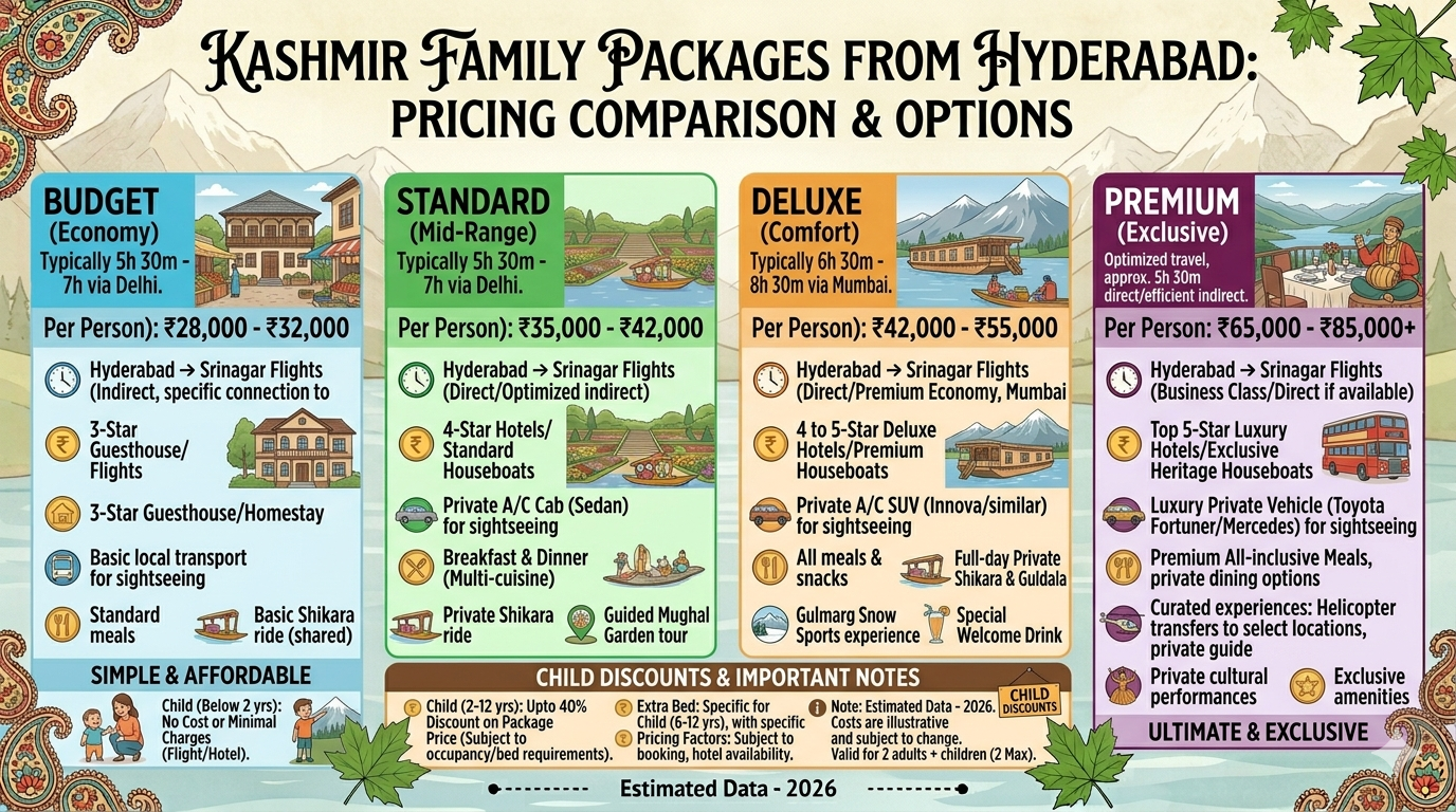 Kashmir Packages from Hyderabad for Family 2026 | ₹28,000 | Book Now 13 Kashmir packages from Hyderabad for family 2026 - pricing infographic by package tier with child discounts