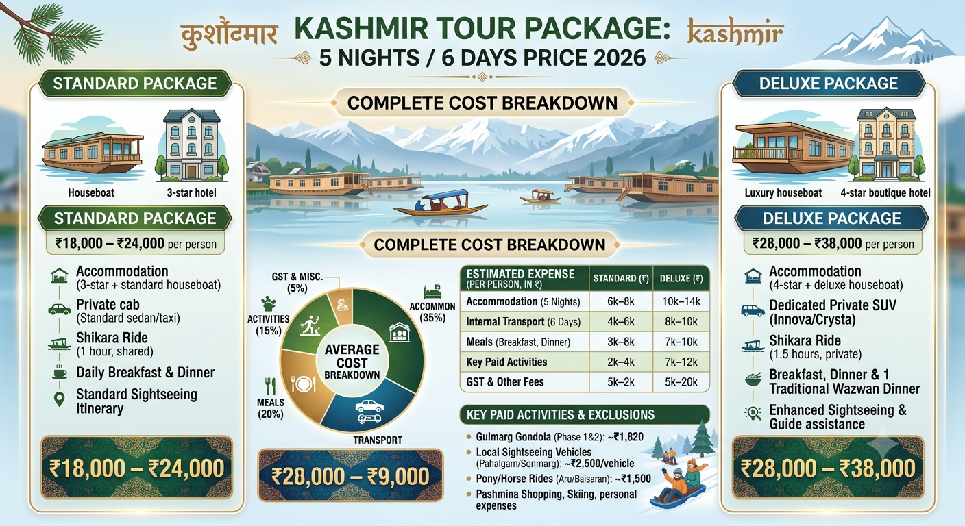  Kashmir tour package 5 nights 6 days price 2026 - Dal Lake houseboat sunrise