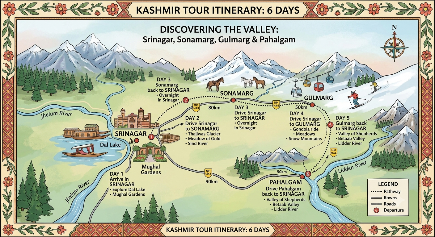Kashmir tour package 5 nights 6 days price 2026 - complete itinerary map