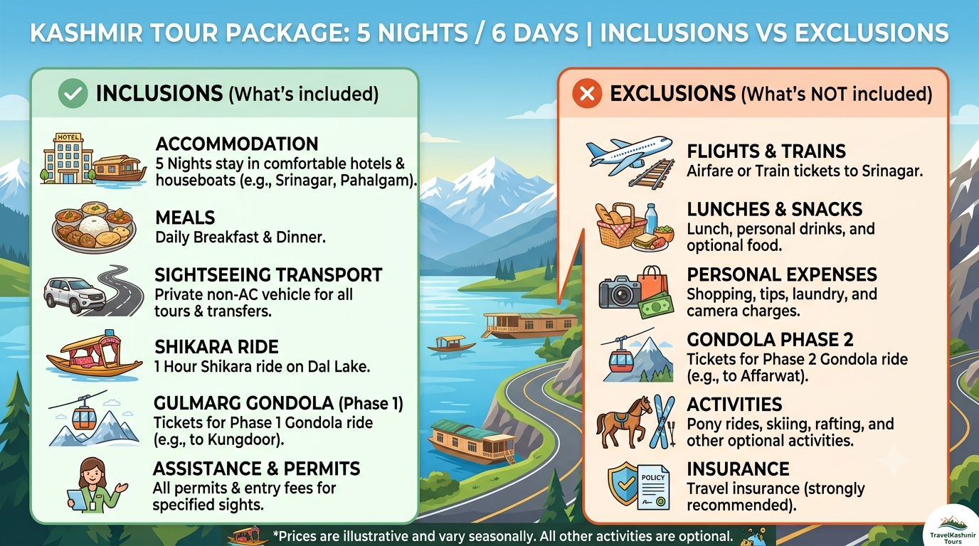 Kashmir tour package 5 nights 6 days price 2026 - inclusions and exclusions infographic