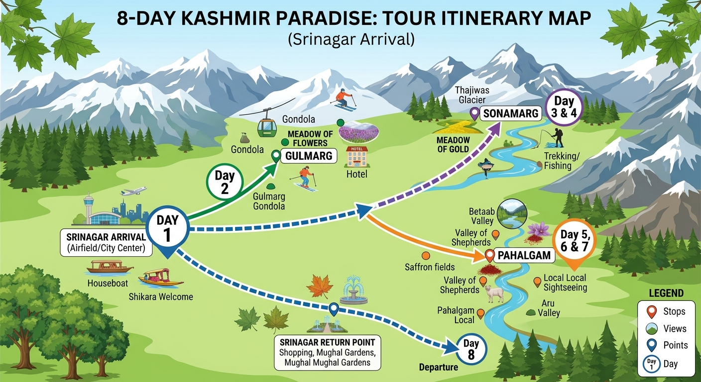 Kashmir tour package 7 nights 8 days 2026 - complete route map