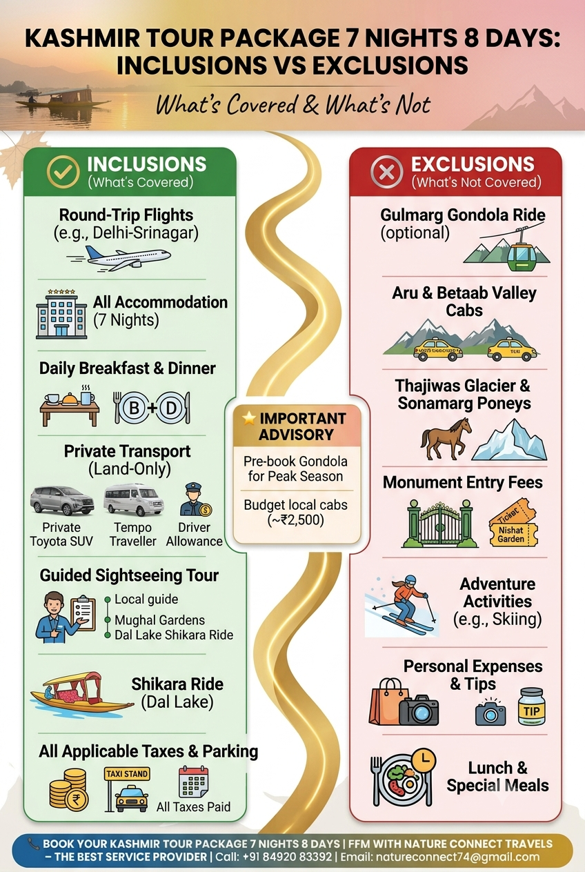 Kashmir tour package 7 nights 8 days 2026 - inclusions and exclusions infographic