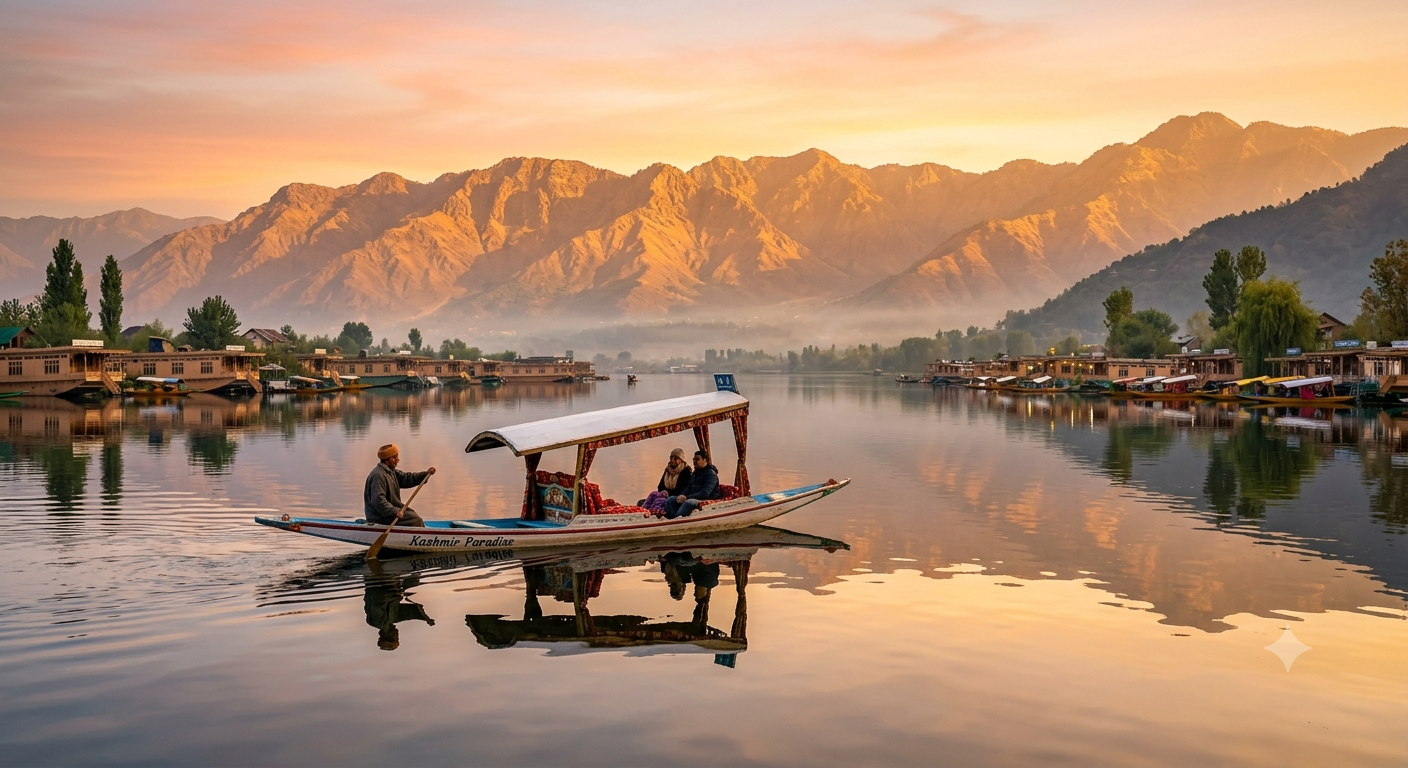  Kashmir tour package 7 nights 8 days 2026 - sunrise on Dal Lake with shikara and Zabarwan mountains
