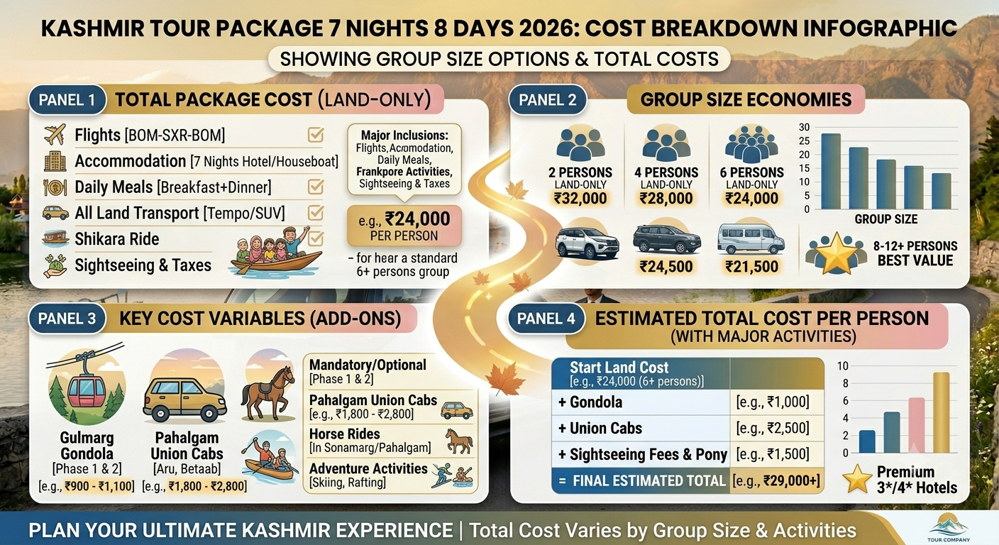 Kashmir tour package 7 nights 8 days price 2026 - cost breakdown infographic
