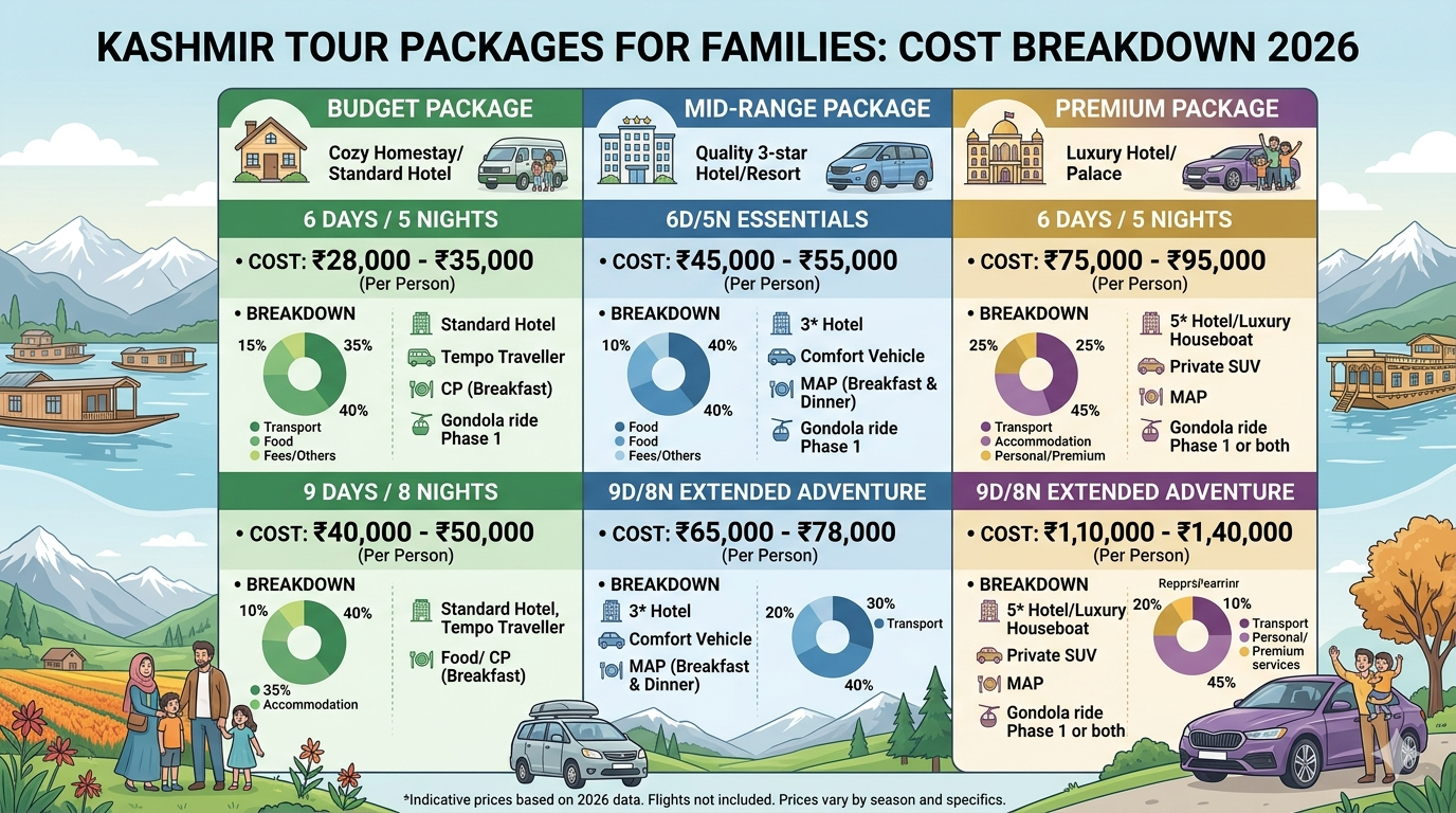 Kashmir tour package for family with price 2026 - complete cost breakdown infographic