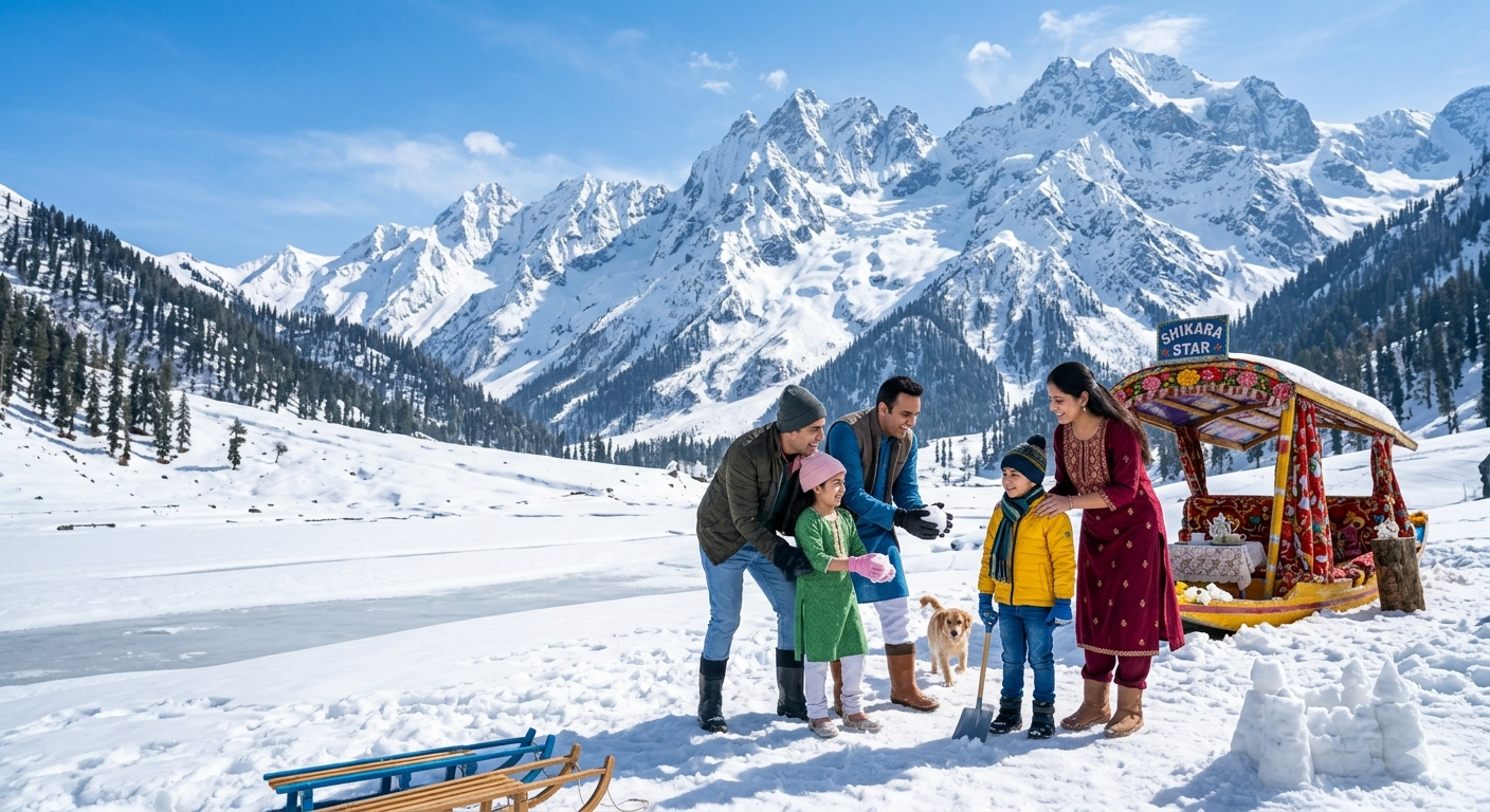 Kashmir tour package for family with price 2026 - family at Thajiwas Glacier Sonamarg