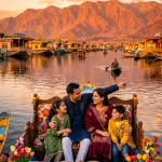 Kashmir tour package for family with price 2026 - happy family on shikara at Dal Lake golden hour