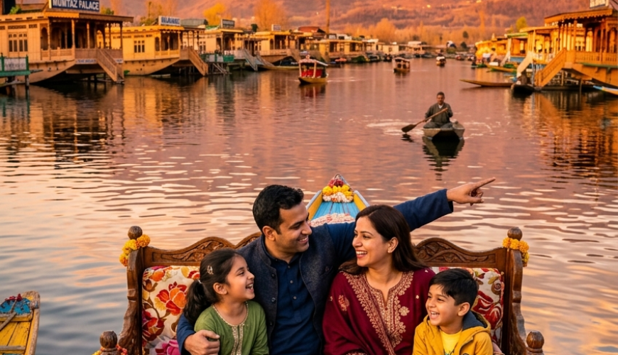 Kashmir tour package for family with price 2026 - happy family on shikara at Dal Lake golden hour
