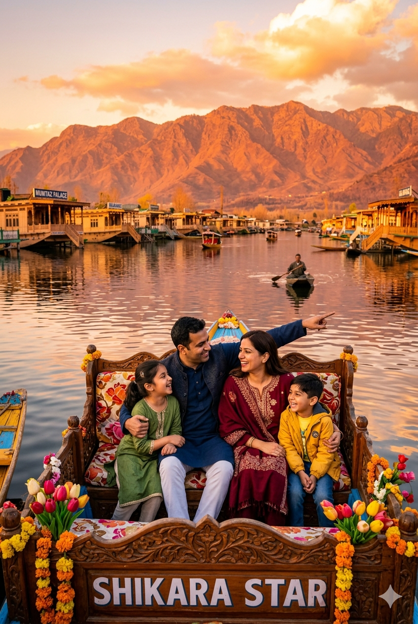 Kashmir tour package for family with price 2026 - happy family on shikara at Dal Lake golden hour