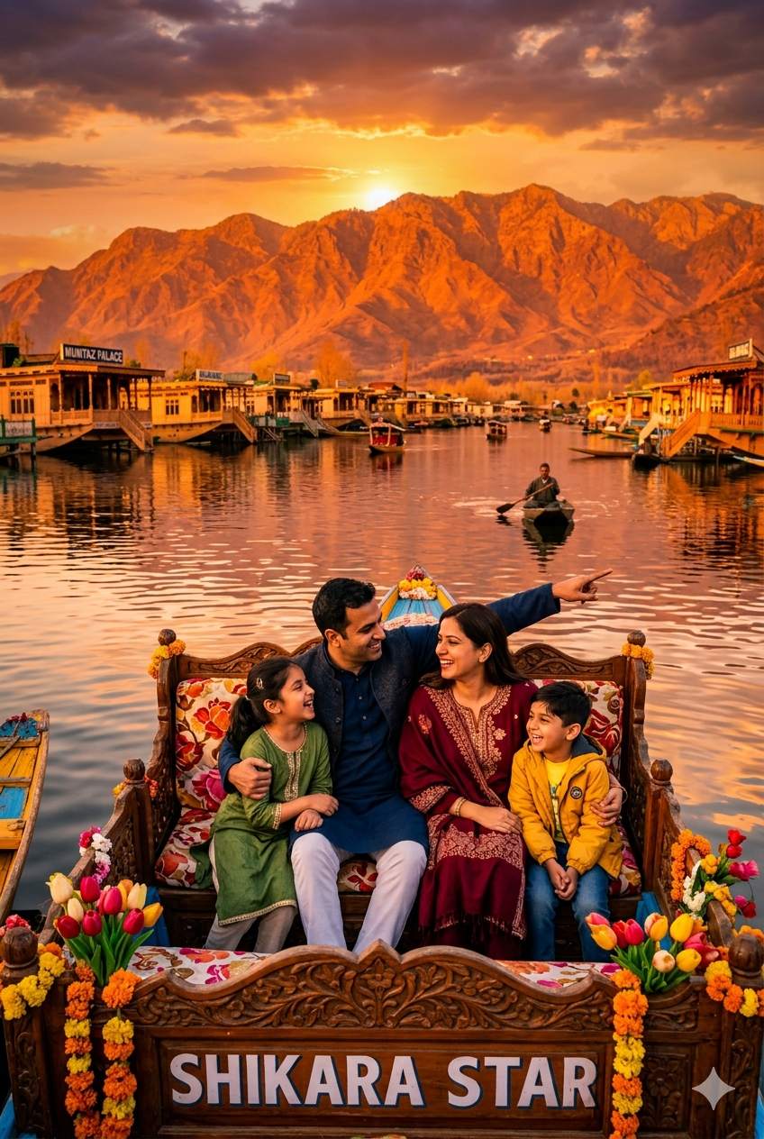 Kashmir tour package for family with price 2026 - happy family on shikara ride at Dal Lake