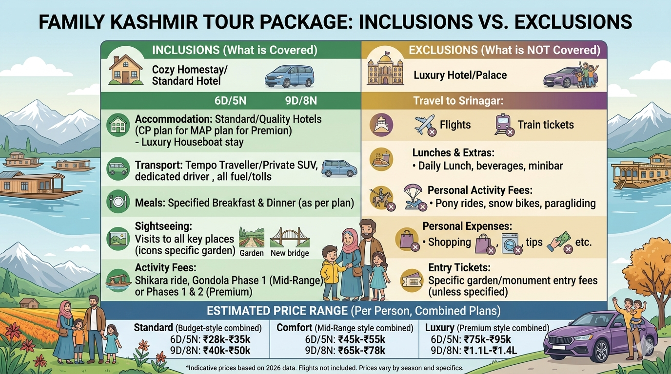 Kashmir tour package for family with price 2026 - inclusions and exclusions infographic