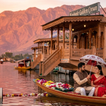 Kashmir tour package from Srinagar price 2026 - couple on shikara ride at Dal Lake houseboat golden hour
