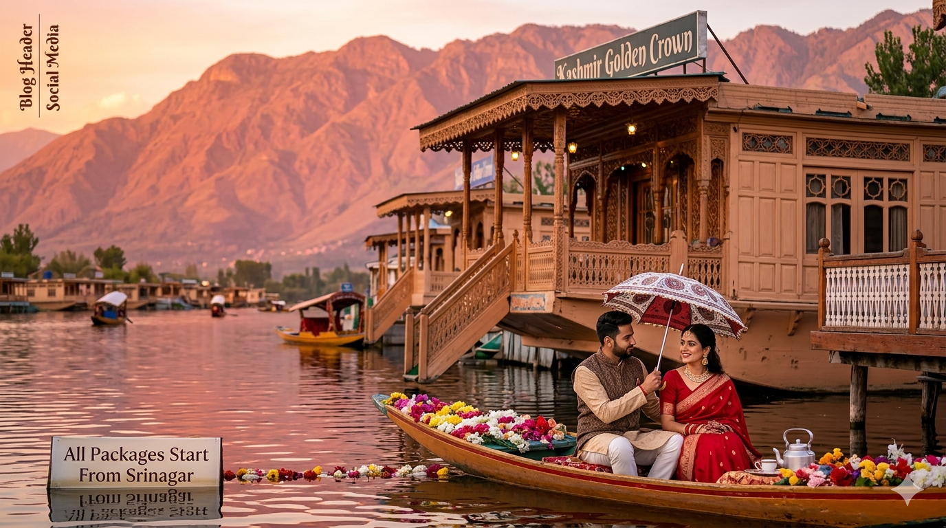 Kashmir tour package from Srinagar price 2026 - couple on shikara ride at Dal Lake houseboat golden hour