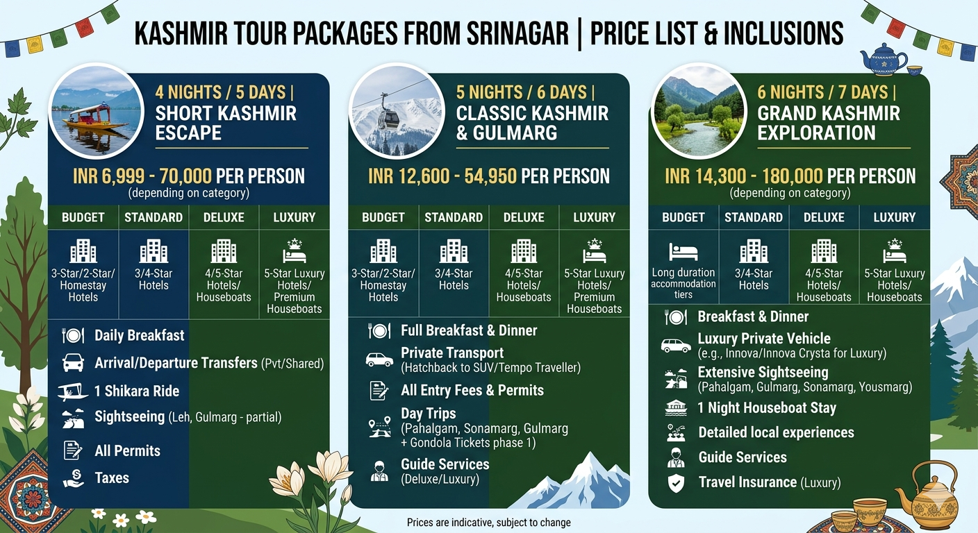 Kashmir Tour Package from Srinagar 2026 | 5 Nights | ₹12,600 | Book Now 11 Kashmir tour package from Srinagar price 2026 - detailed pricing by duration and package type